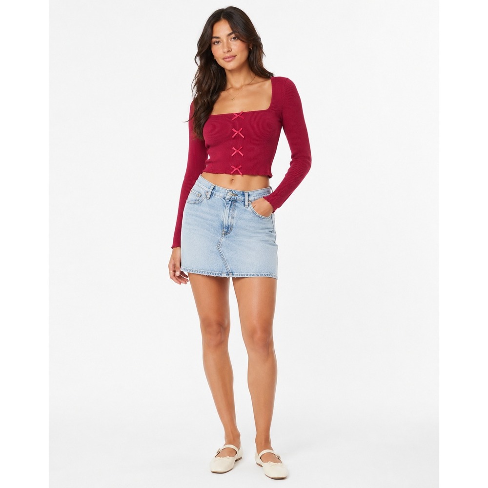 Coquette Bow Square Neck Crop Top M Red Ribbed Long Sleeve Y2K Romantic RSQ